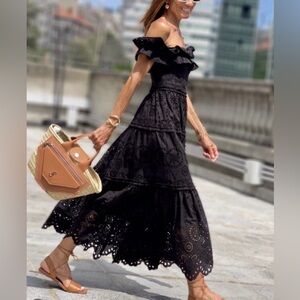 Zara Embroidered Maxi Dress with Scalloped Hem in Black